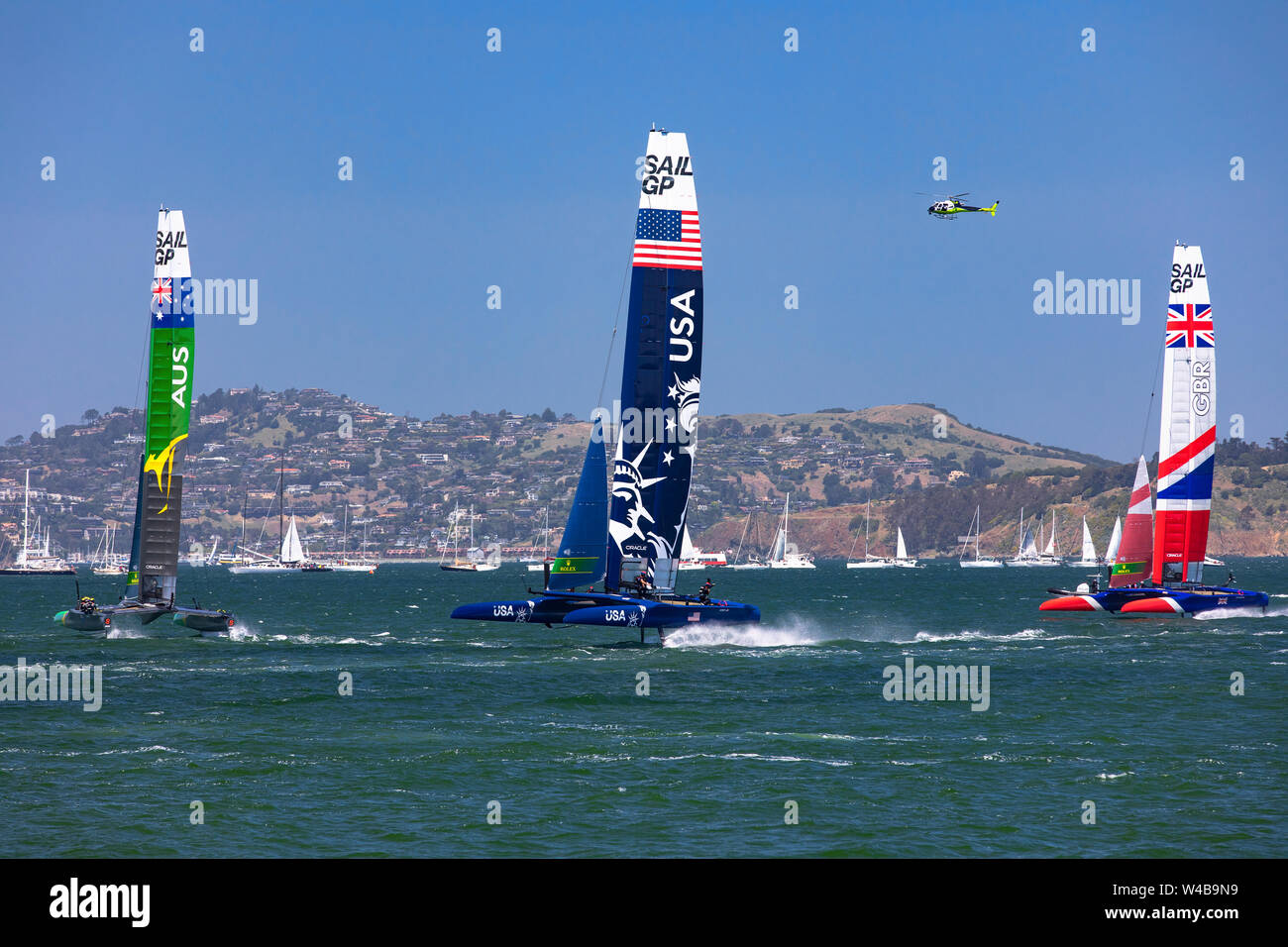 SailGP Australia, Stati Uniti e Gran Bretagna racing sulla Baia di San Francisco, California Foto Stock