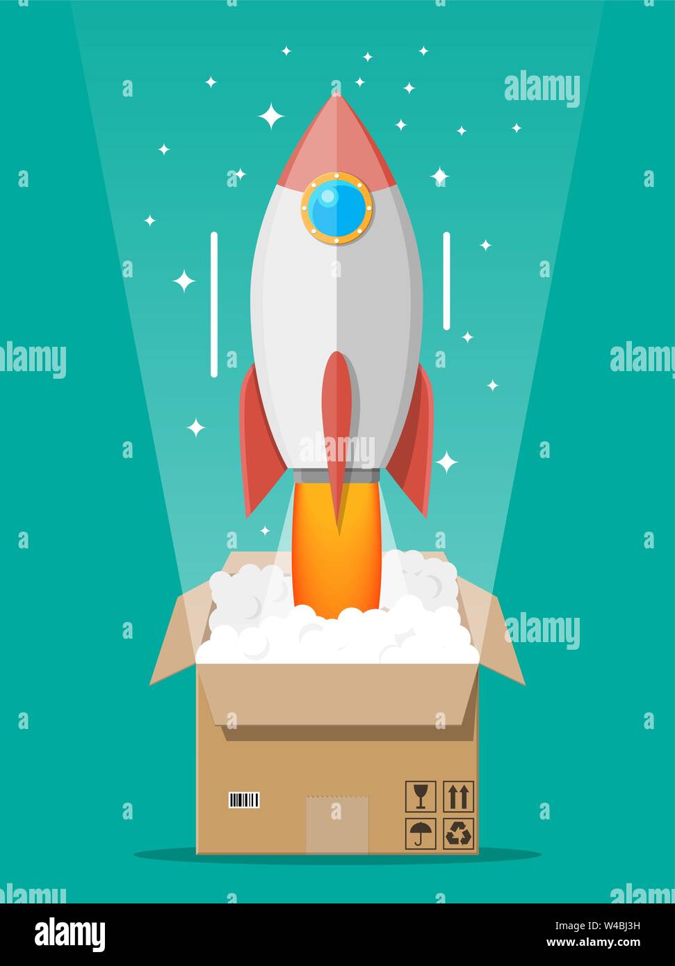 Cartoon rocket espulso dalla scatola di cartone. Illustrazione Vettoriale