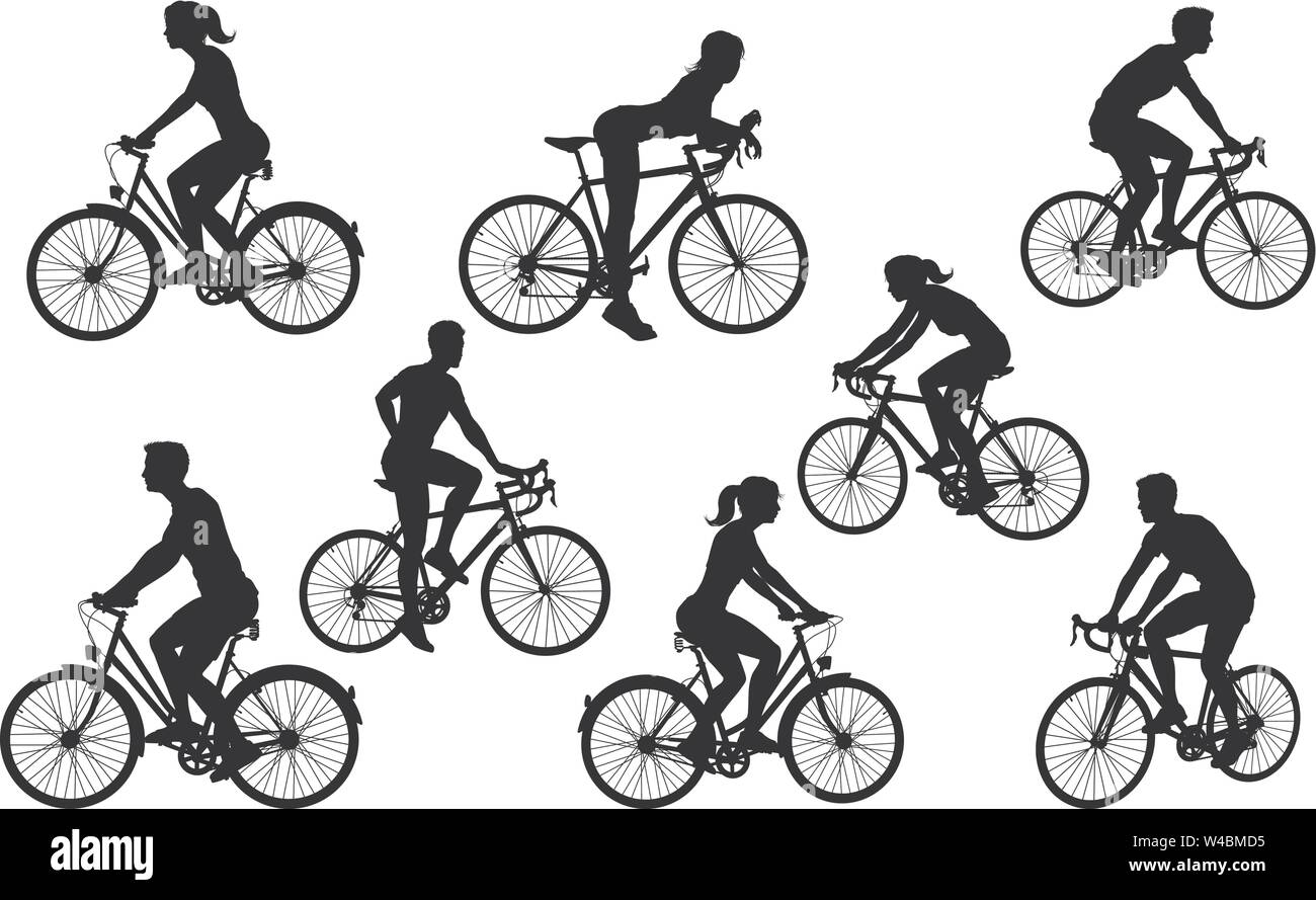 Andare in bicicletta bici ciclisti sagome impostato Illustrazione Vettoriale