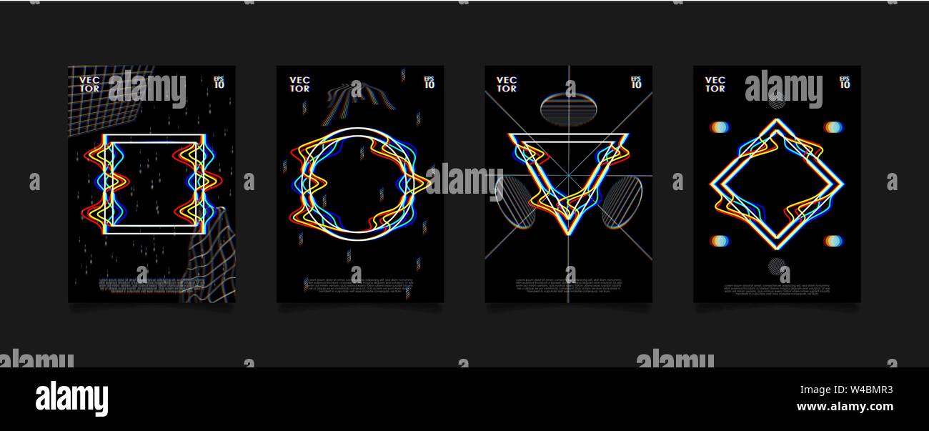 Serie di poster per l'arte esposizione o manifestazione musicale con glitched forme geometriche su sfondo nero. Design per coprire, poster, volantini, biglietto invito Illustrazione Vettoriale