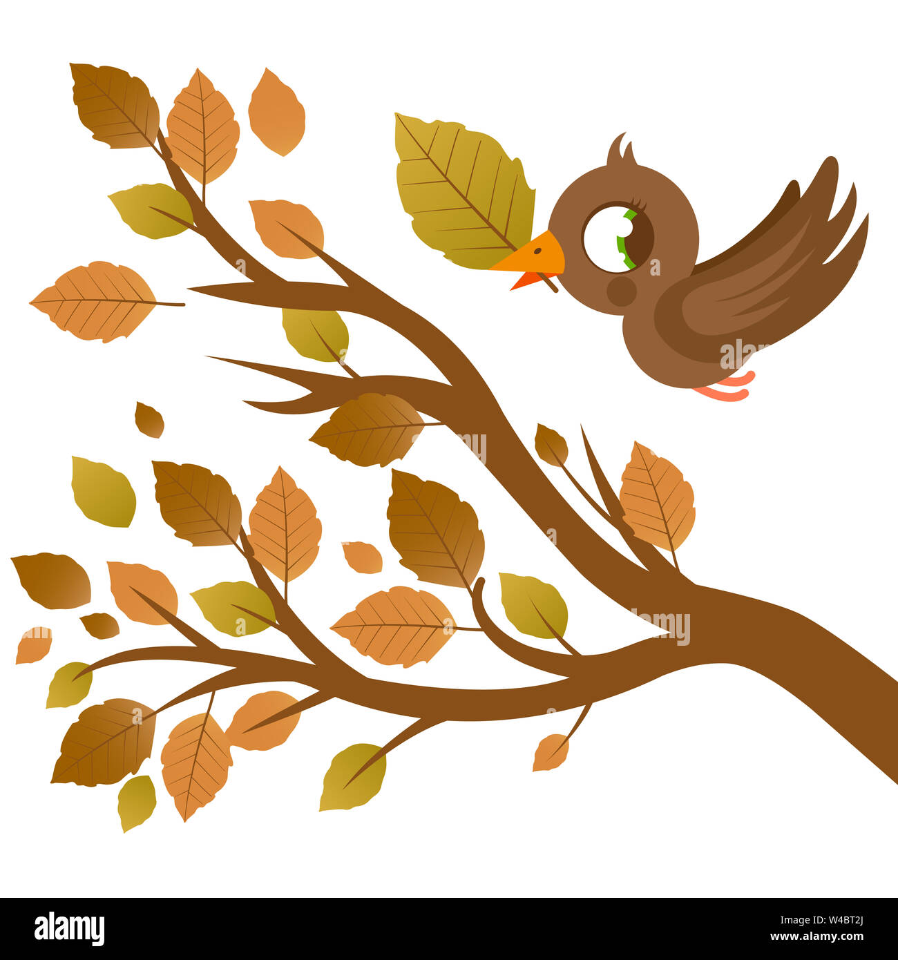 Albero della stagione autunnale con foglie marroni cadute e uccello. Un uccello carino che vola e un ramo d'albero pieno di foglie secche. Foto Stock