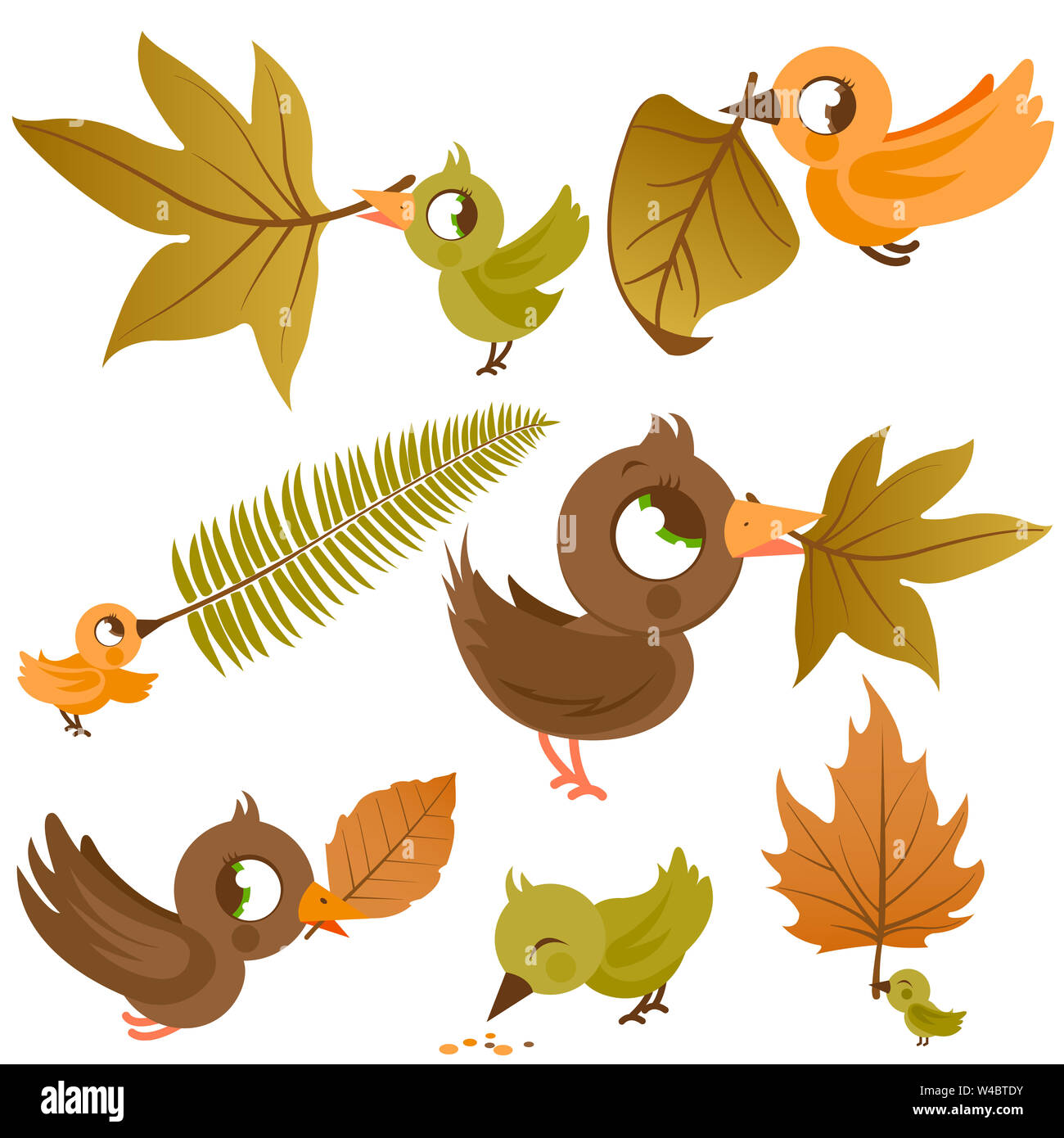 Graziosi uccelli che tengono foglie di alberi cadute secche nella stagione autunnale. Uccelli passeri in autunno che raccolgono foglie marroni. Foto Stock