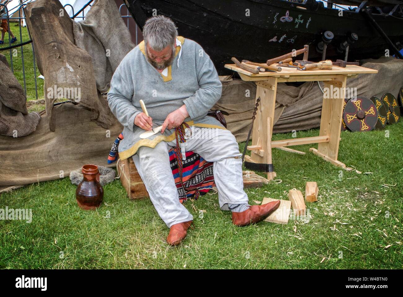 Heysham, Lancashire. Il 21 luglio 2019. La fantastica Viking Festival con una storia viva encampment, parade, battaglia rievocazione, display delle armi, cr Foto Stock