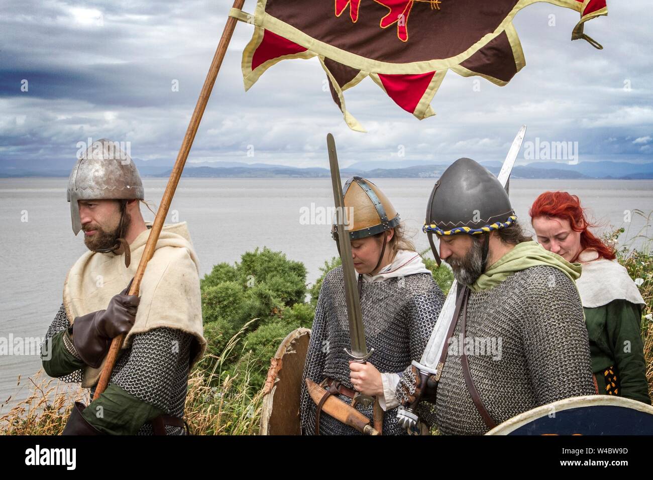 Heysham, Lancashire. Il 21 luglio 2019. Viking Festival con una storia viva encampment, parade, battaglia rievocazione, display delle armi, e costumi. Foto Stock