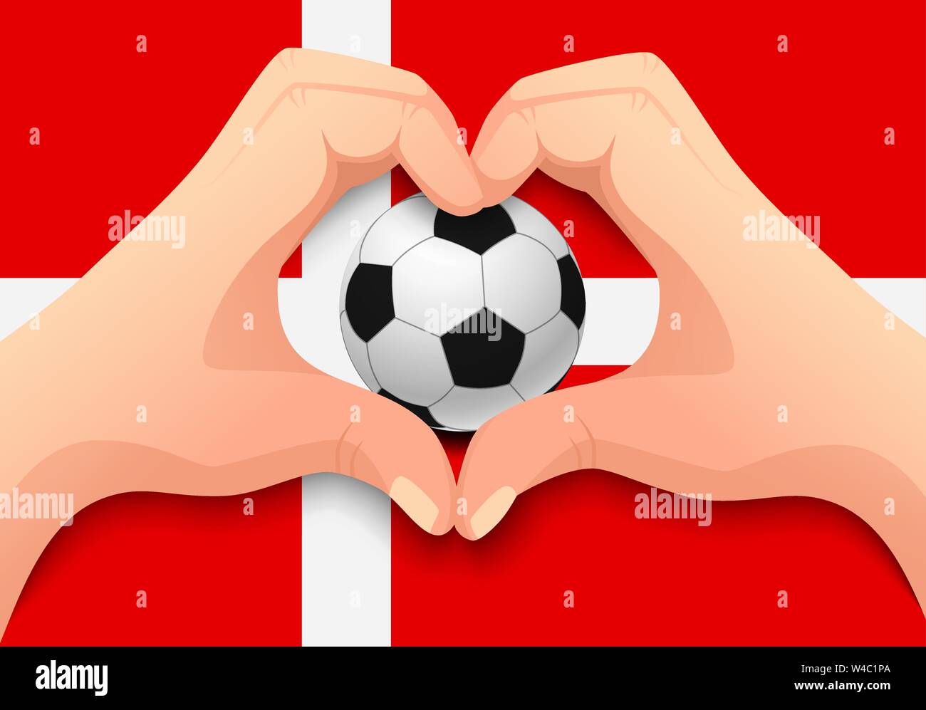 Bandiera della Danimarca a mano e a forma di cuore. Nazionale di calcio. sfondo Pallone da calcio con la bandiera della Danimarca illustrazione vettoriale Illustrazione Vettoriale