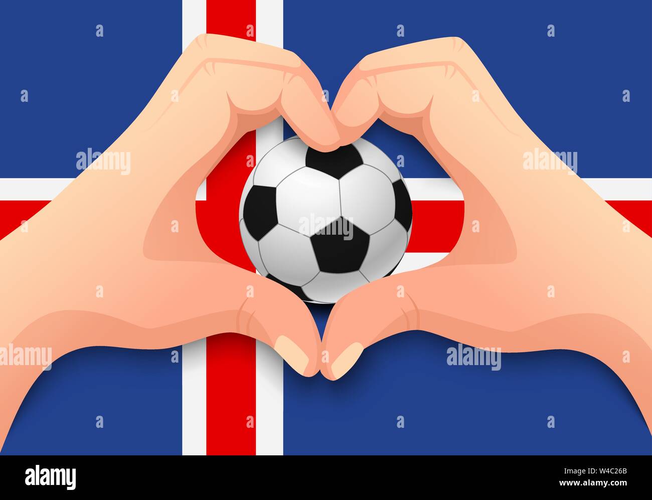 Bandiera dell'Islanda e della mano forma di cuore. Nazionale di calcio. sfondo Pallone da calcio con la bandiera di Islanda illustrazione vettoriale Illustrazione Vettoriale