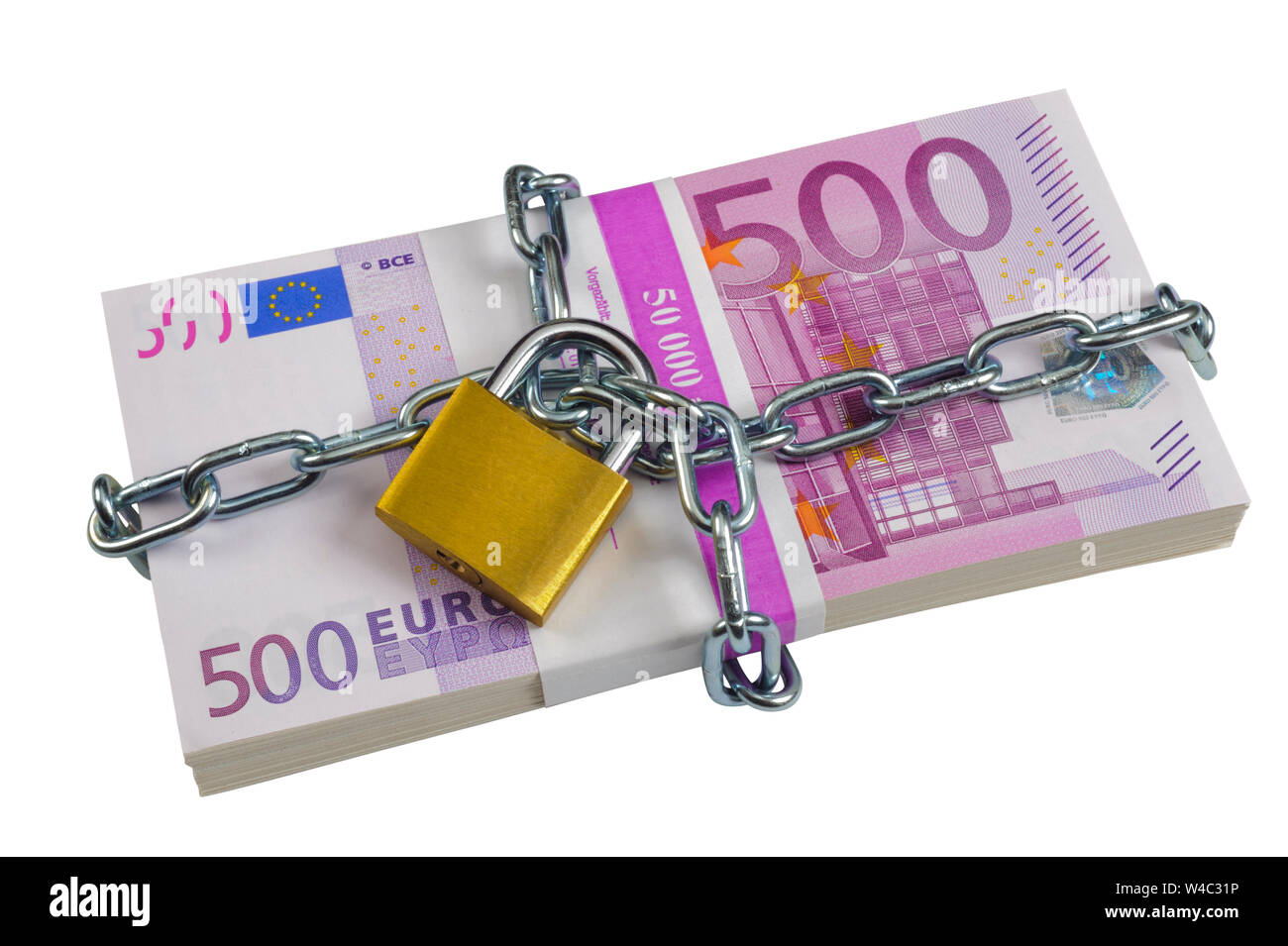 Fascio di 500 banconote in euro fissati con catena e lucchetto Foto Stock