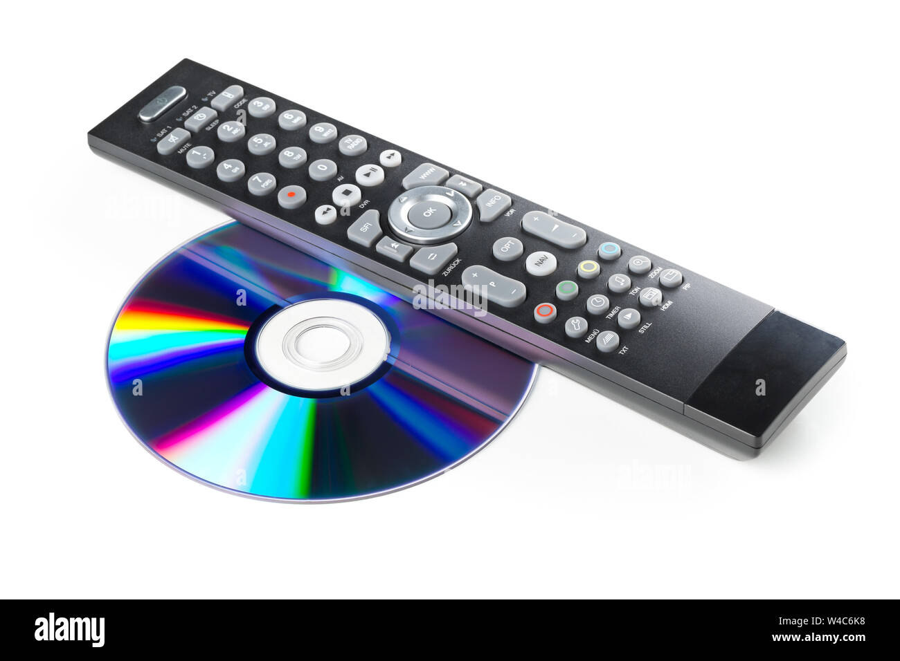 DVD, CD-ROM o Blu-ray Disc con tv o il lettore disco comando remoto su sfondo bianco. Sistema home theater filmato o il concetto di serie. Foto Stock