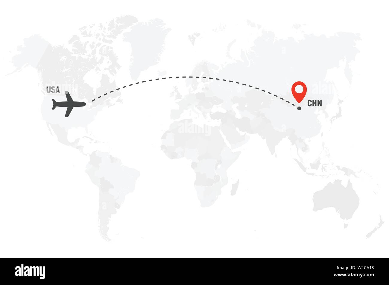 Aeroplano percorso di linea. L' aereo itinerario di volo con punto di partenza e a linea tratteggiata la traccia. Icona del piano sulla mappa del mondo. Concetto di vettore illustrazione. Illustrazione Vettoriale
