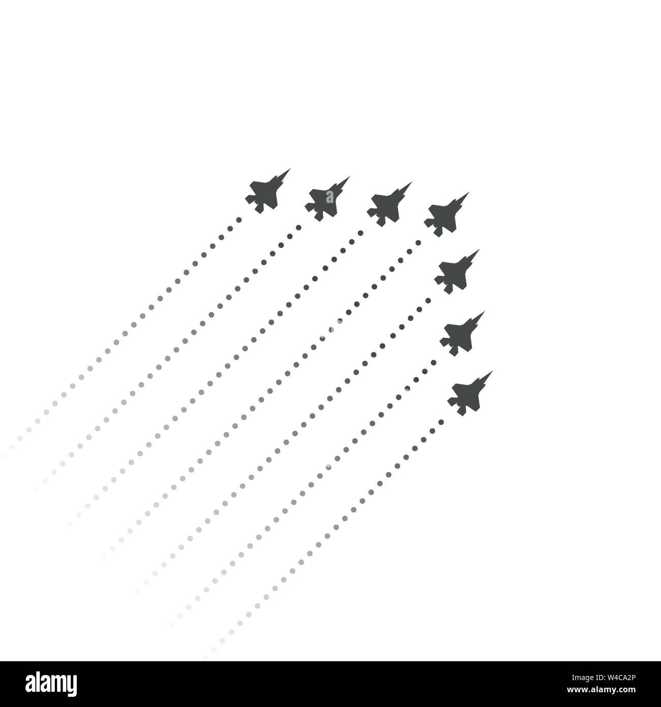 Aviazione Militare. I combattenti volare fino. forma a cuneo del jet in volo aerei. Sagome di reattivi e piani di traccia di motori a getto. Illustrazione Vettoriale. Illustrazione Vettoriale