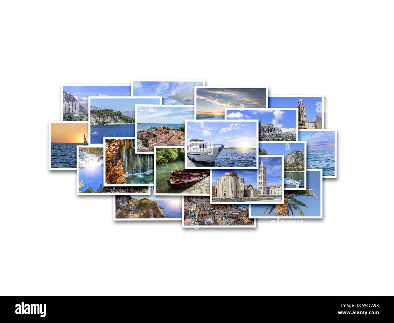 Vacanza mare, viaggi e luoghi interessanti in estate. Collage di foto su sfondo bianco. Foto Stock