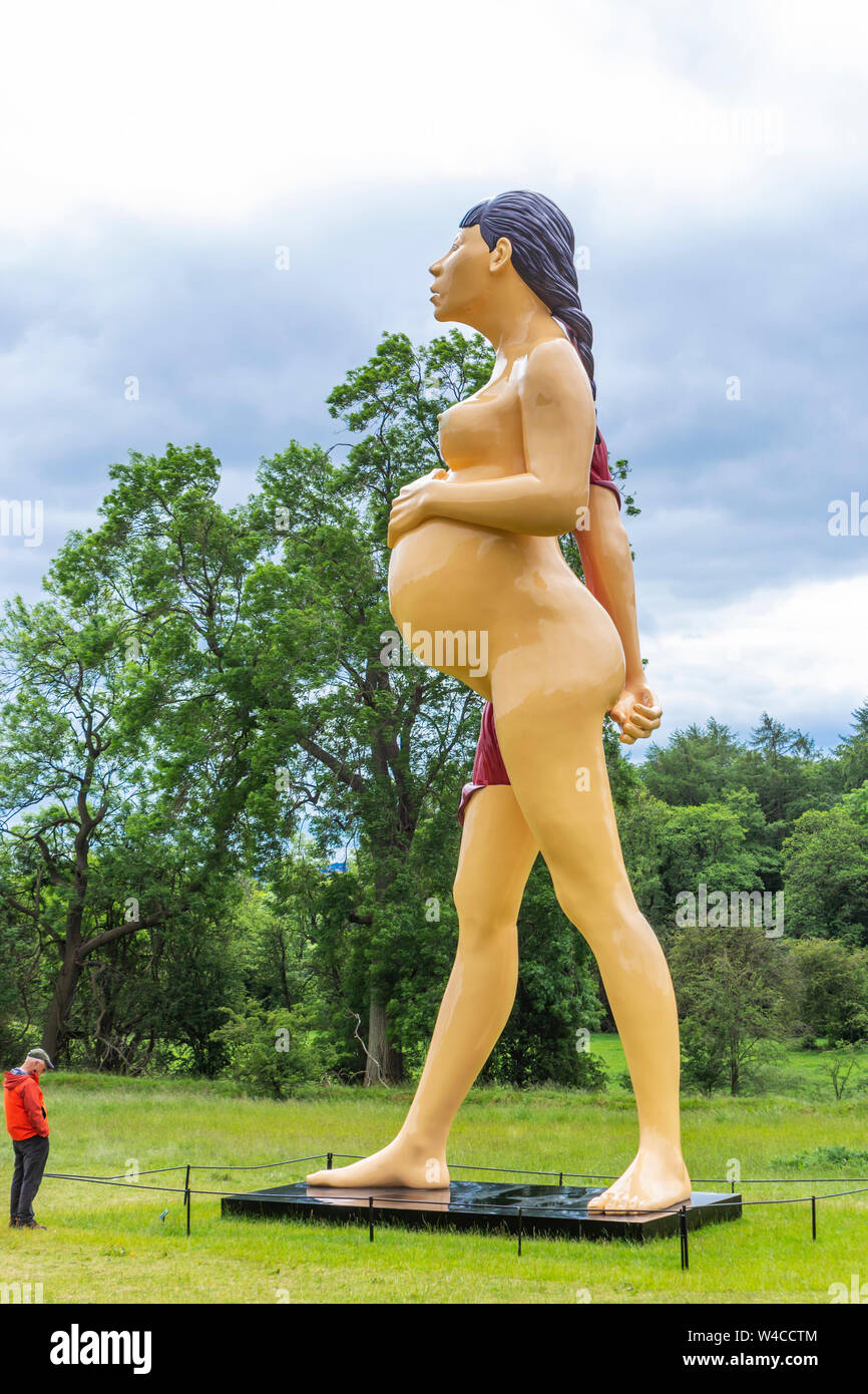 La Yorkshire Sculpture Park (YSP), West Bretton, vicino a Wakefield, West Yorkshire, Inghilterra. 35 piedi statua intitolata Vergine Madre di Damien Hirst, Foto Stock