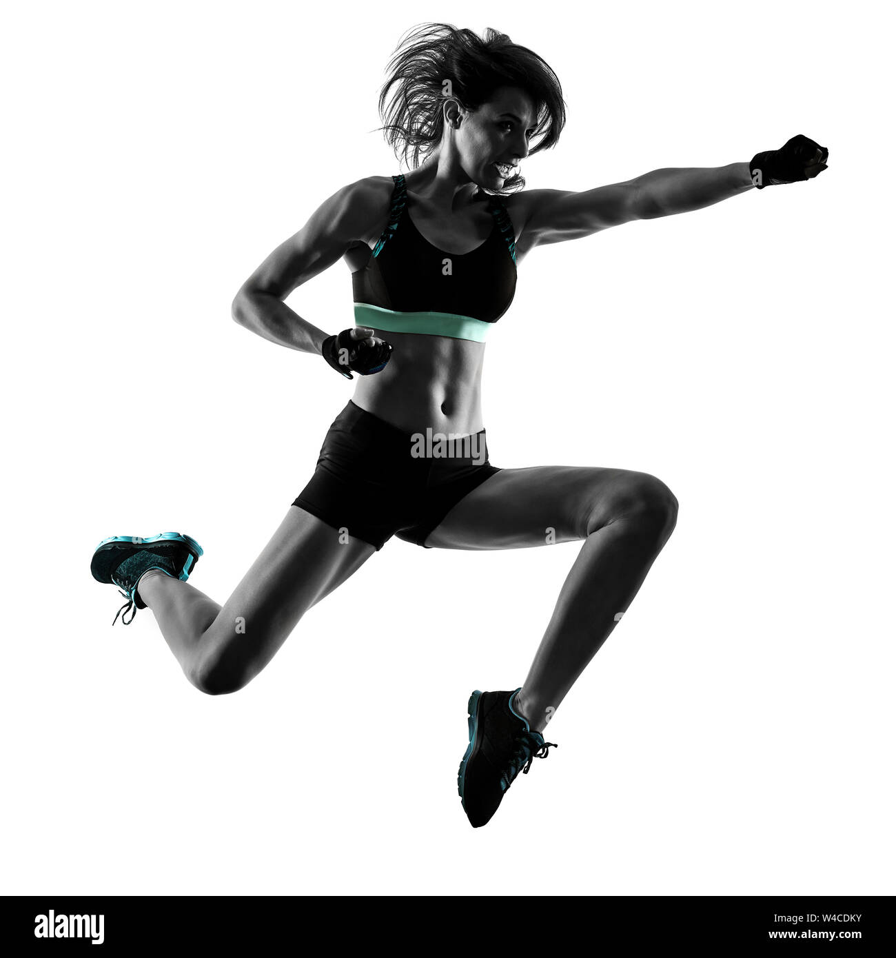 Una donna caucasica esercizio cardio boxe cross core fitness workout esercizio aerobica silhouette isolati su sfondo bianco Foto Stock