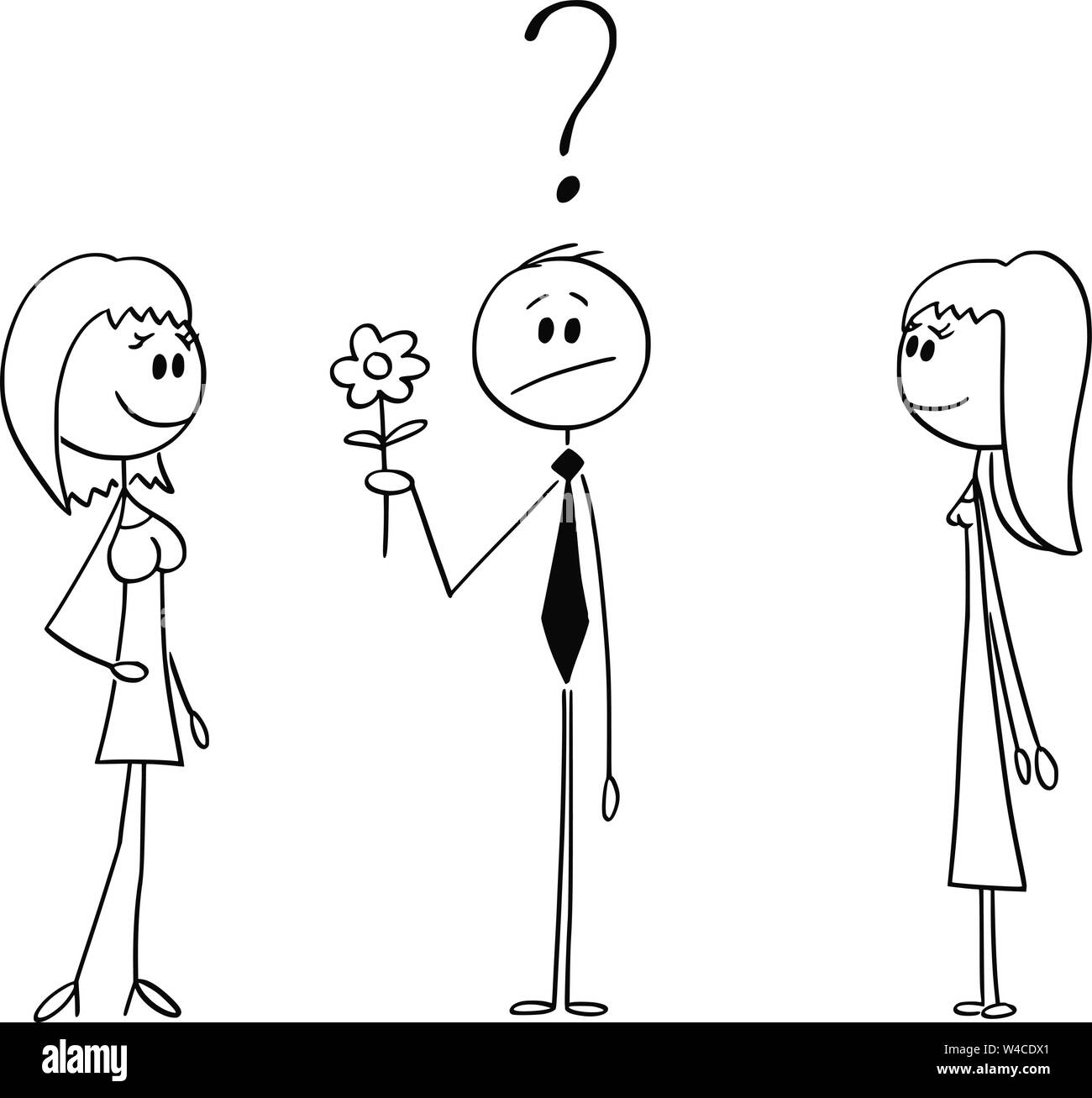 Vector cartoon stick figura disegno illustrazione concettuale dell'uomo andando su data, tenendo fiore e decidere tra due ragazze o donne. Illustrazione Vettoriale
