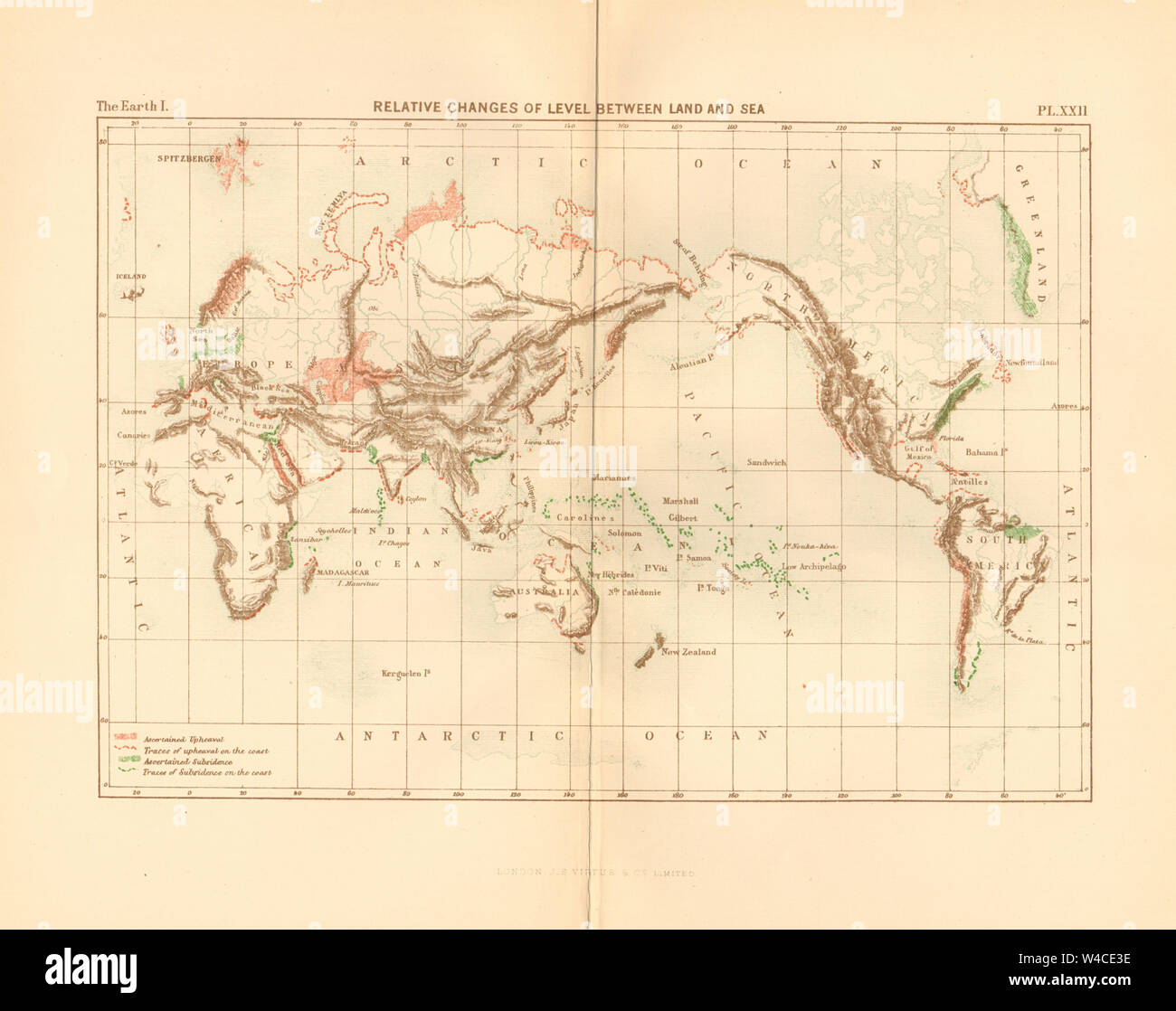 Le variazioni relative di livello tra la terra e il mare. Mondo 1886 antica mappa Foto Stock