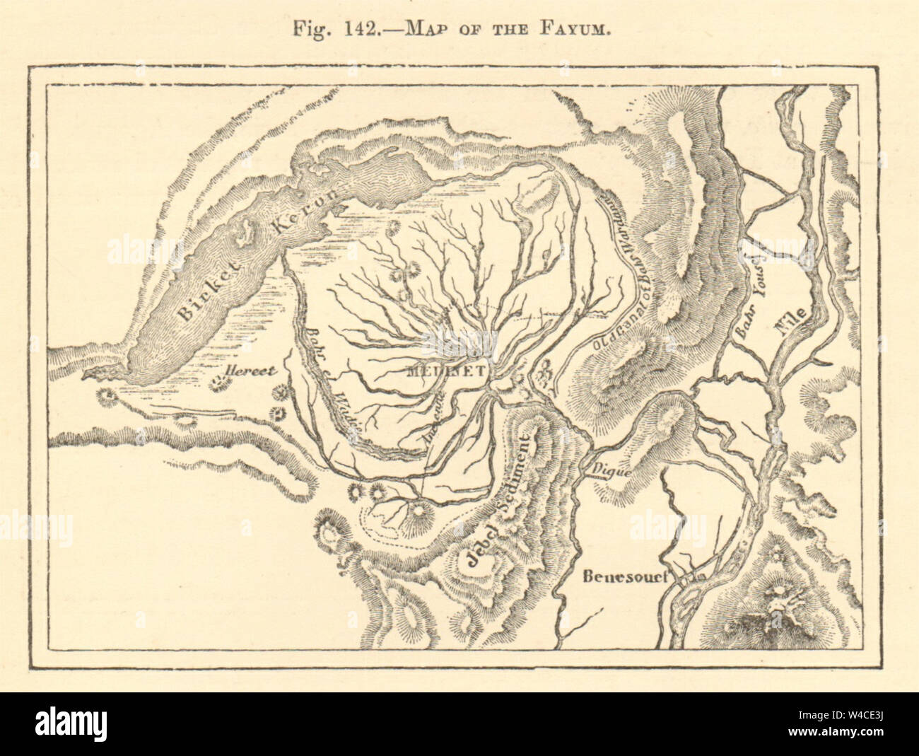 Mappa del Fayum. L'Egitto. Faiyum Oasis. Schizzo 1886 antica grafico Foto Stock