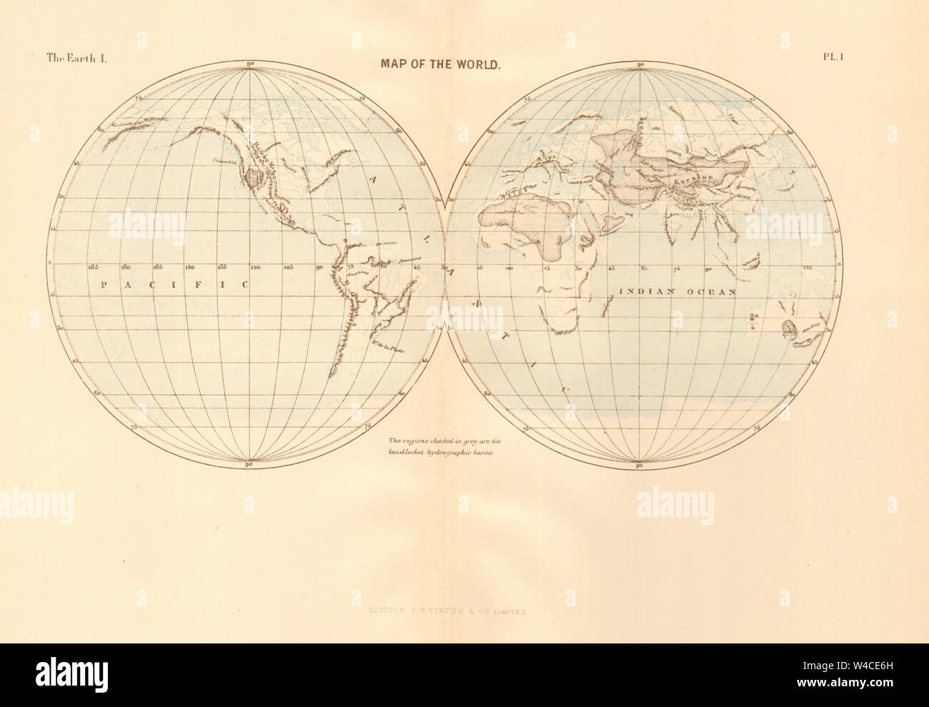 Mappa del mondo. Twin emisferi 1886 antico piano vintage chart Foto Stock