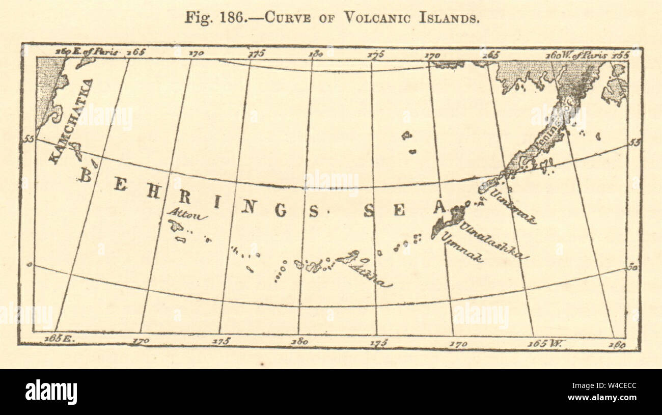 Isole vulcaniche curva. Alaska isole Aleutian mare di Bering piccolo schizzo 1886 Foto Stock