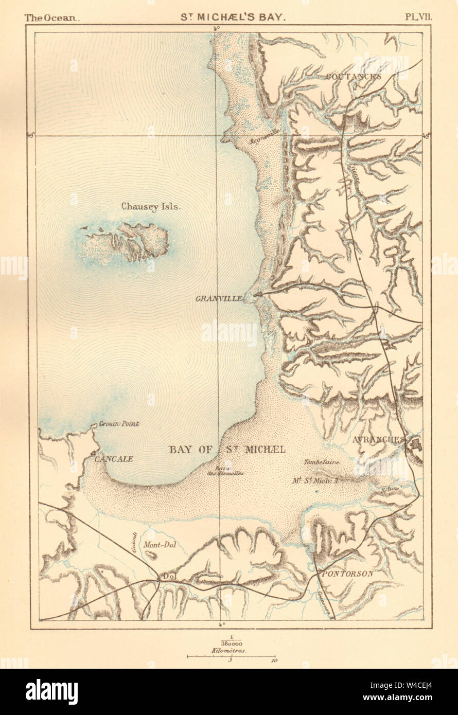 St Michael's Bay. La Normandia. Mont St Michel Granville Avranches 1886 mappa vecchia Foto Stock