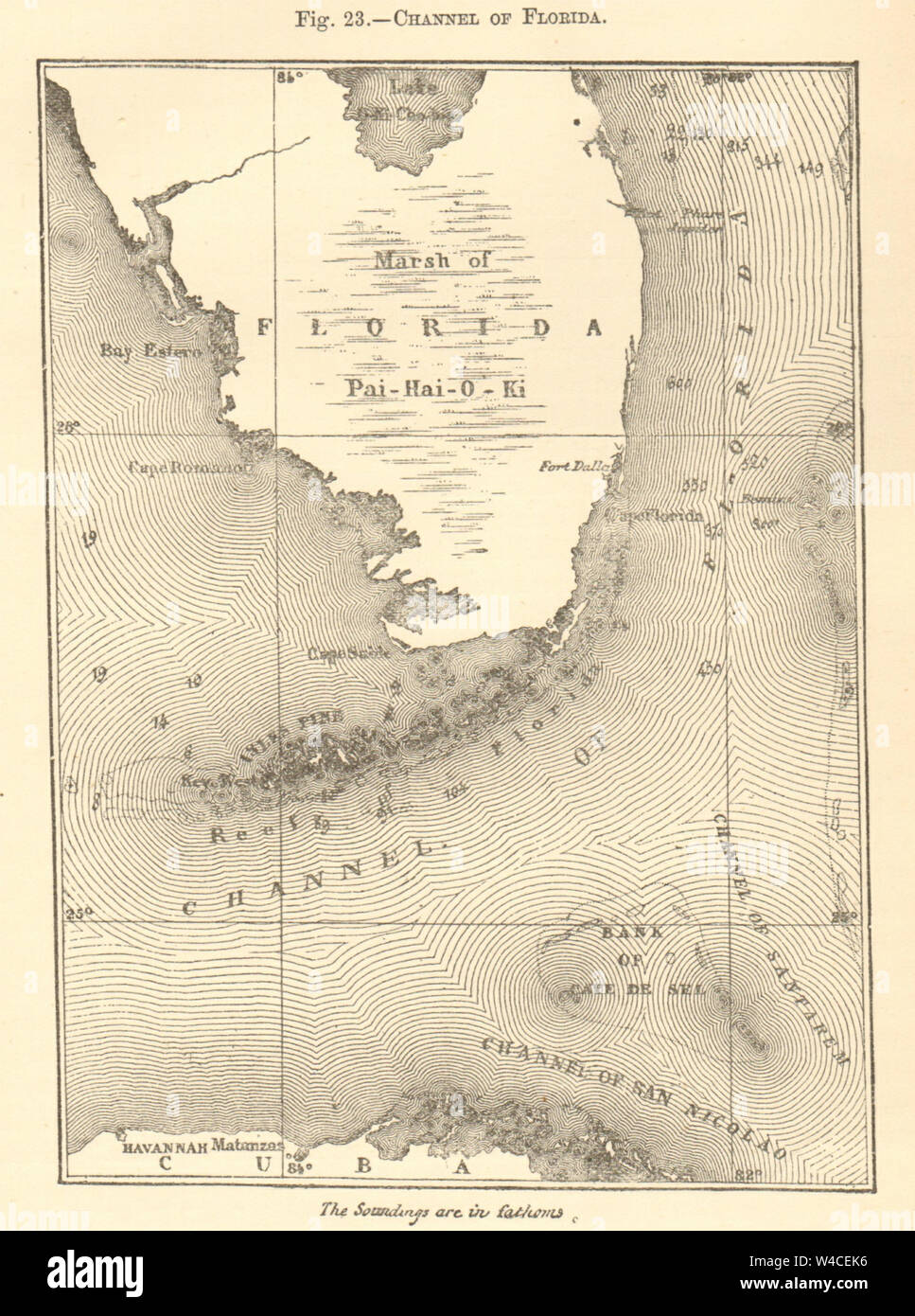 Stretto o il canale della Florida. Tasti di Cuba Pai-hai-o-ki. Schizzo 1886 vecchio Foto Stock