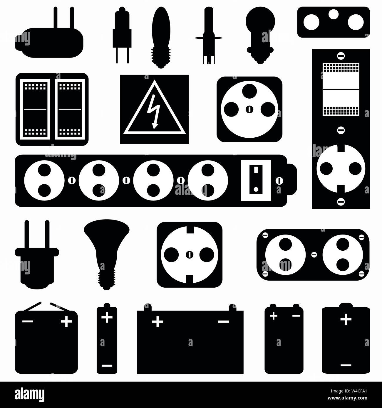 Equipaggiamento elettrico monocromatico collezione di simboli Illustrazione Vettoriale