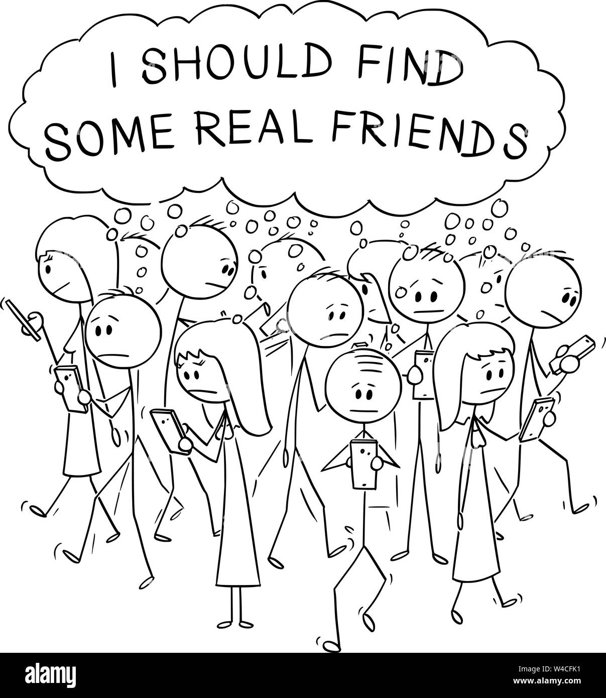 Vector cartoon stick figura disegno illustrazione concettuale di un gruppo di persone solitarie passeggiate e utilizzando le reti sociali online su telefoni cellulari e pensando a online e veri amici. Illustrazione Vettoriale