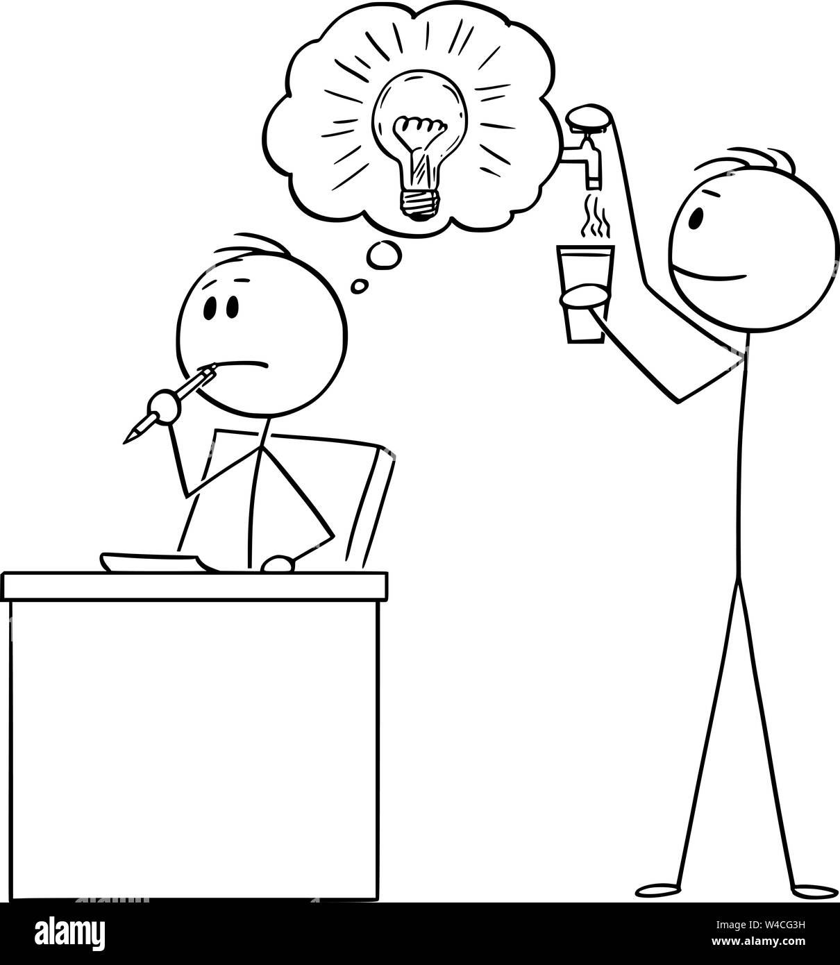 Vector cartoon stick figura disegno illustrazione concettuale dell'uomo creativo o imprenditore pensare al problema e un altro uomo sfruttando la sua creatività. Illustrazione Vettoriale