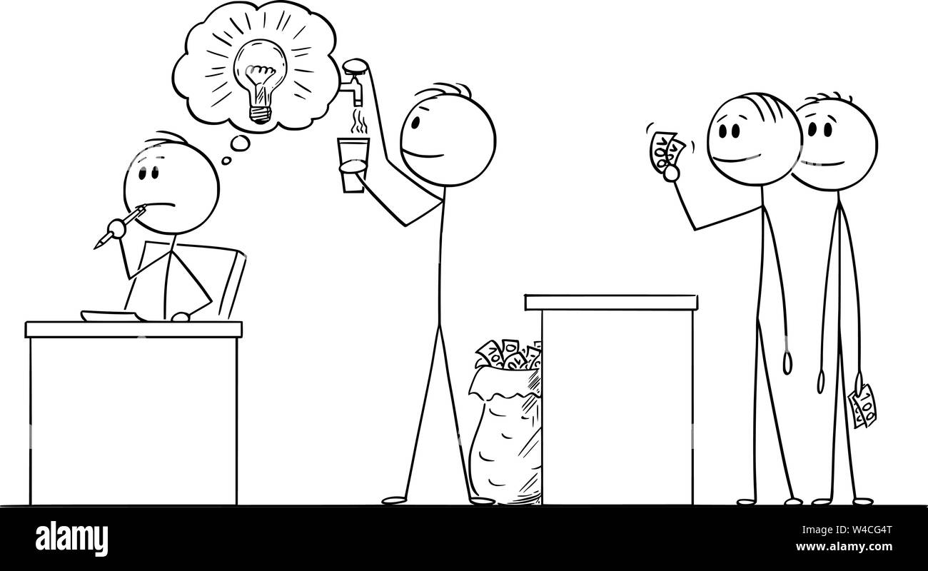 Vector cartoon stick figura disegno illustrazione concettuale dell'uomo creativo o imprenditore pensare al problema e un altro uomo sfruttando e sfruttando la sua creatività. Illustrazione Vettoriale