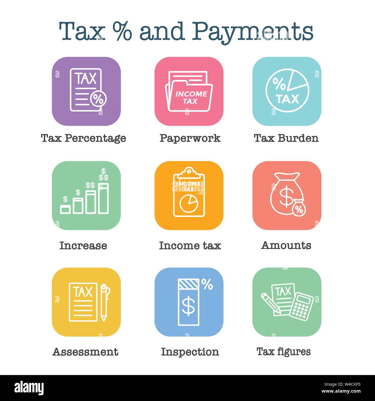 Concetto fiscale w percentuale pagata, icona e reddito idea. Piatto contorno vettoriale illustrazione. Illustrazione Vettoriale