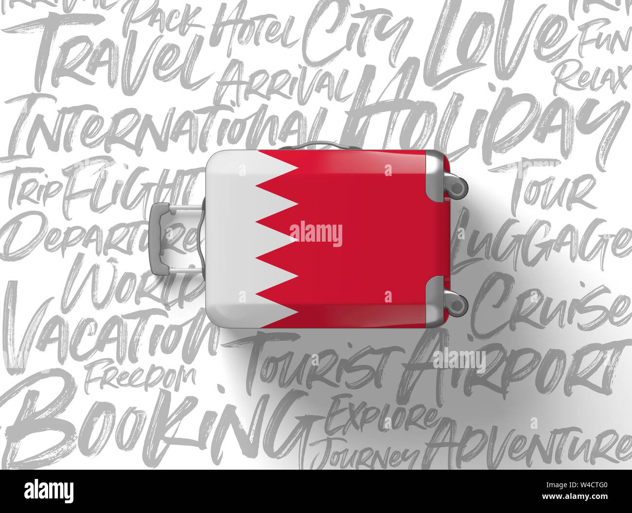 Bandiera del Bahrain valigia travel background. 3D Render Foto Stock