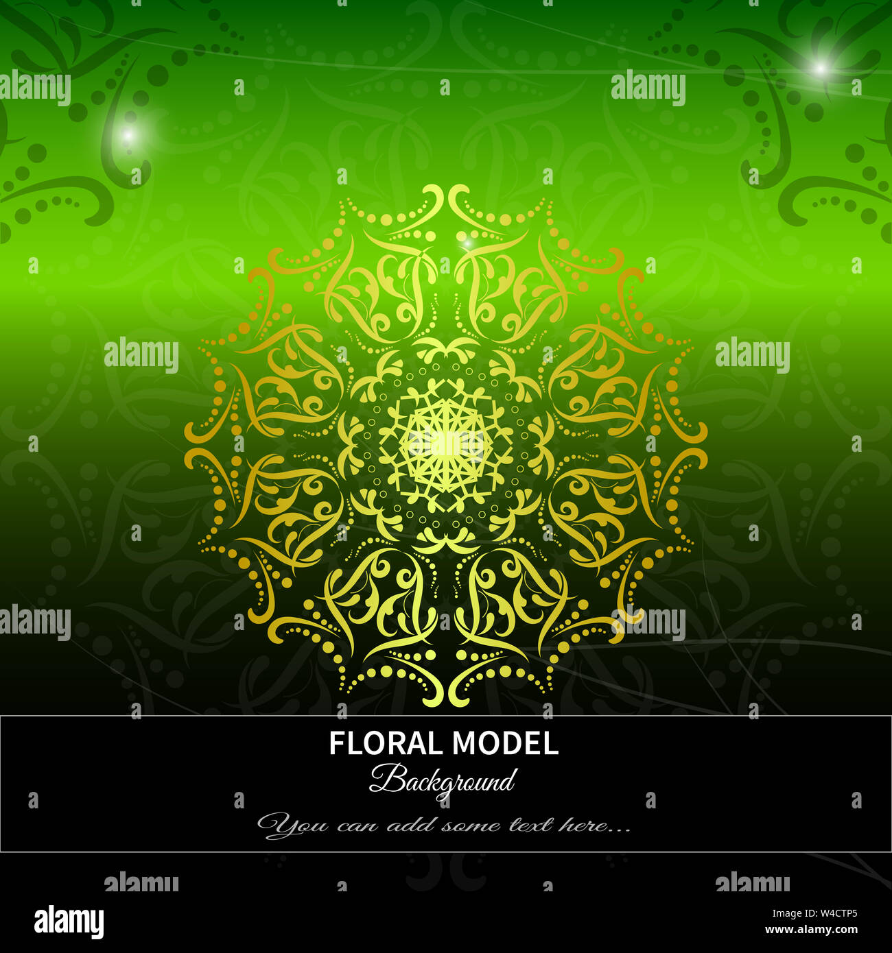 Illustrazione astratta di mandala floreale in oro con sfondo sfumato verde-nero. Design elegante e decorativo per arte, meditazione o temi di lusso Foto Stock