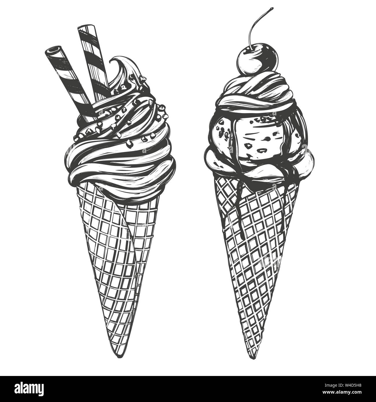 Ice Cream set disegnati a mano illustrazione vettoriale disegno realistico Illustrazione Vettoriale