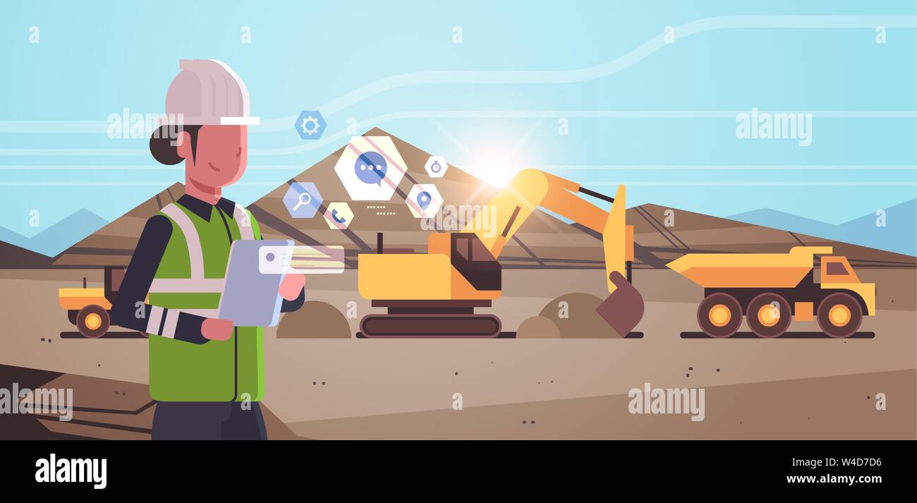 Fossa aperta donna lavoratrice in casco utilizzando mobile app escavatore terreno di carico sul camion di attrezzature professionali lavorando sulla miniera di carbone a cielo aperto di produzione Illustrazione Vettoriale