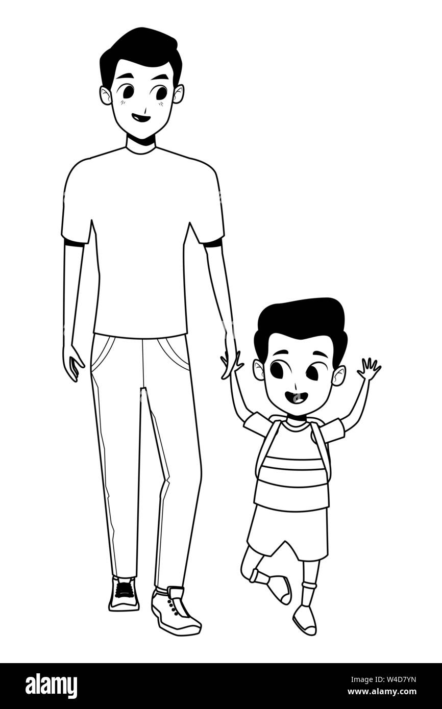 La famiglia unico padre con i bambini in bianco e nero Illustrazione Vettoriale