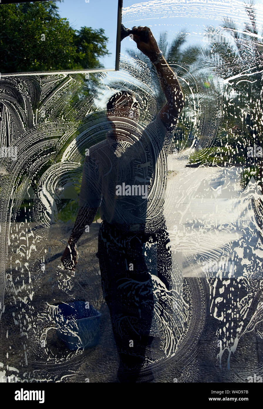 Persona di lavaggio di un vetro di finestra con uno shampoo Foto Stock