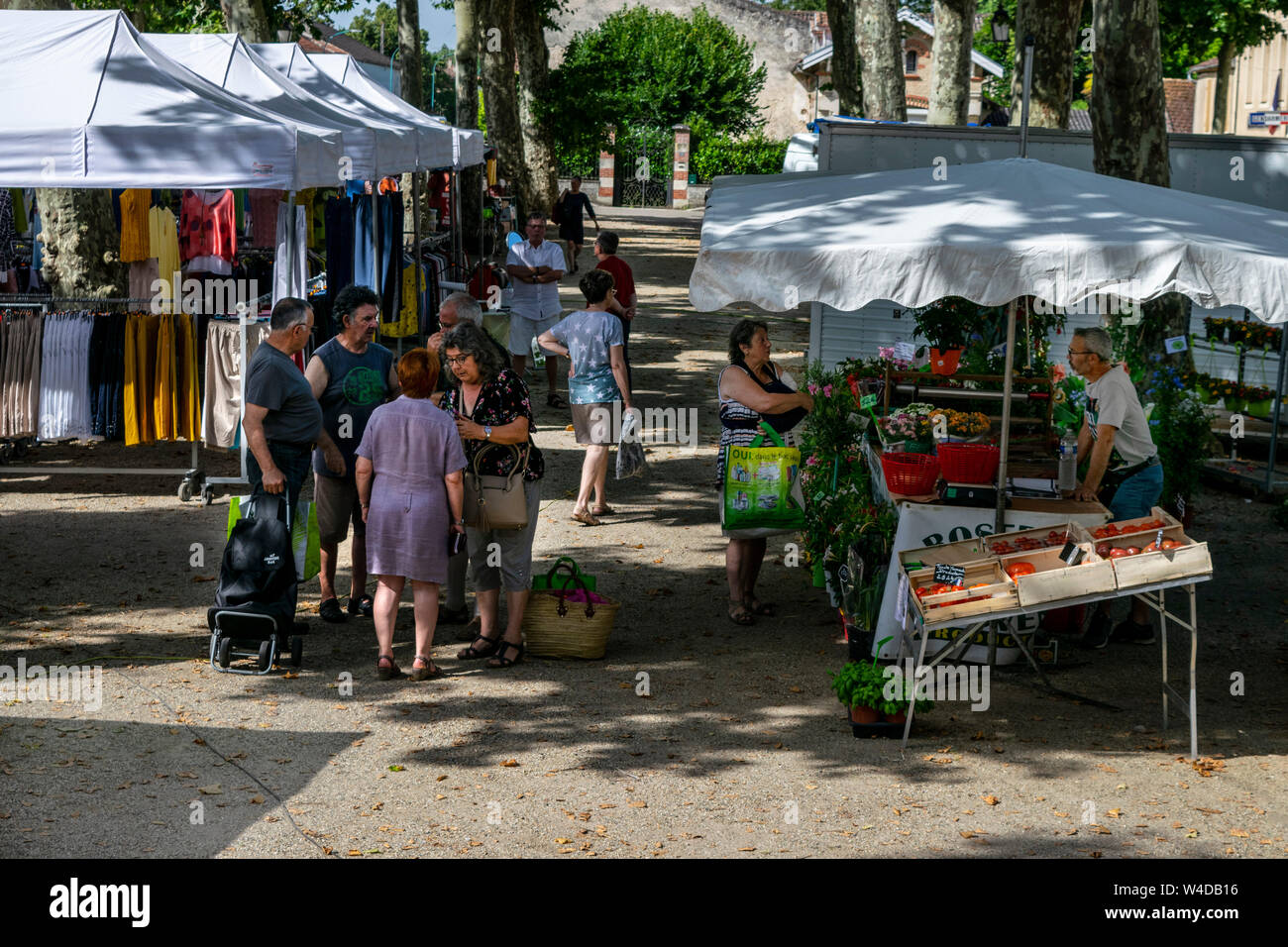 Un mercato affollato nella città di Lavardac, in Francia, in Europa la vendita di frutta e verdura fresca e anche vestiti Foto Stock