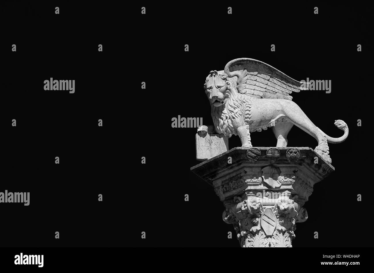 Leone di San Marco, simbolo della vecchia repubblica di Venezia. Monumento eretto nel 1473 a Vicenza piazza centrale (in bianco e nero con spazio copia) Foto Stock
