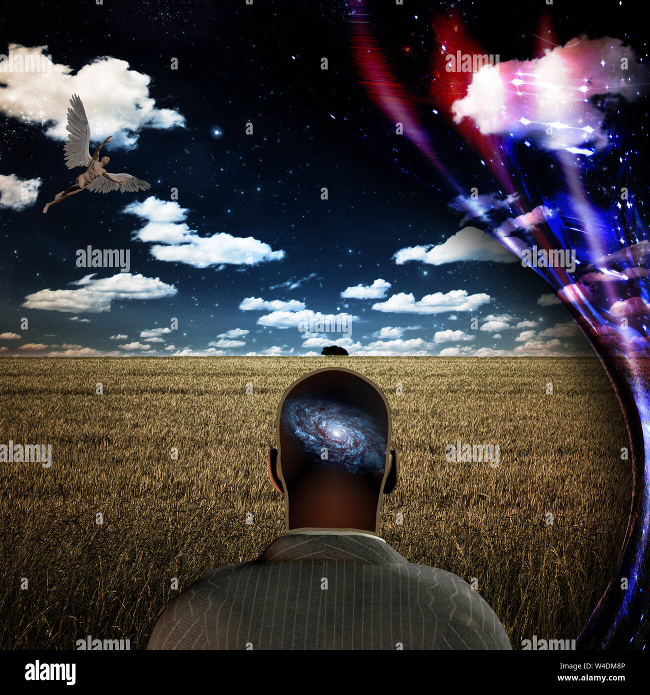 Cortina di spazio. Angelo vola nel cielo. L uomo sta sul campo di orzo Foto Stock