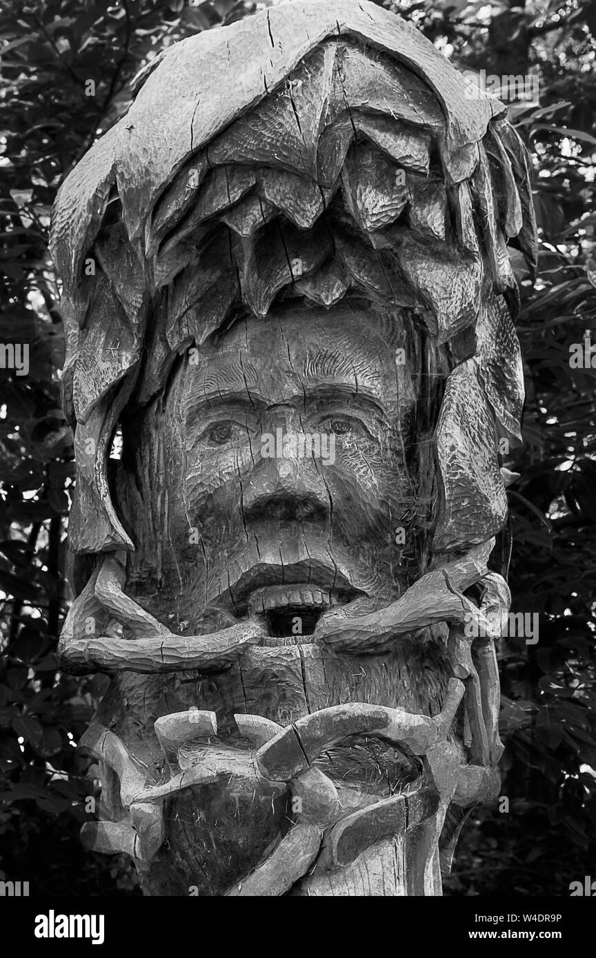 Una testa di legno carving/scultura sullo schermo in un parco di sculture. Foto Stock