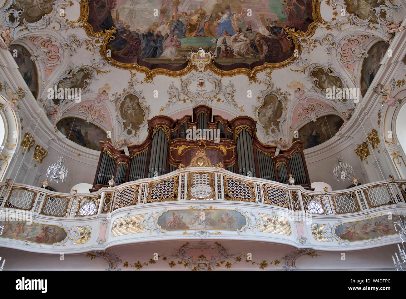 Galleria d'organo con organo di Johann Philipp Stumm, chiesa di Agostino, chiesa del seminario della diocesi di Magonza, Mainz, Renania-Palatinato, Germania Foto Stock
