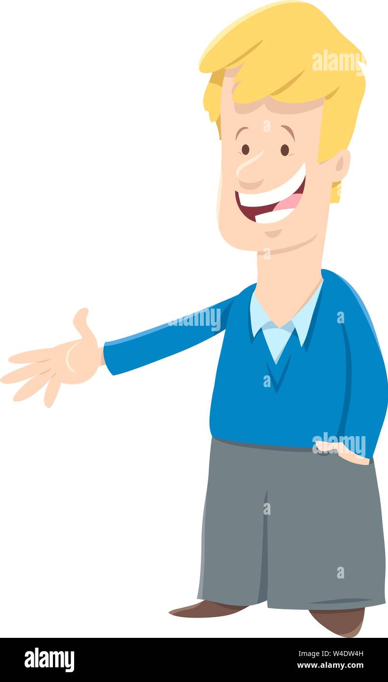Cartoon illustrazione di Funny man man che allunga la mano per stretta di mano Illustrazione Vettoriale