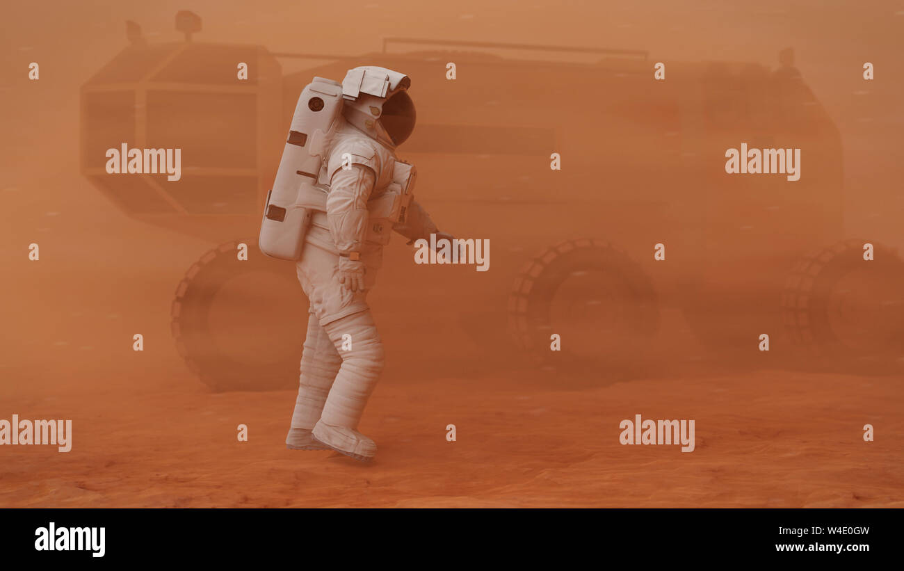 Astronauta a piedi nella tempesta di sabbia marziano, missione su Marte Foto Stock
