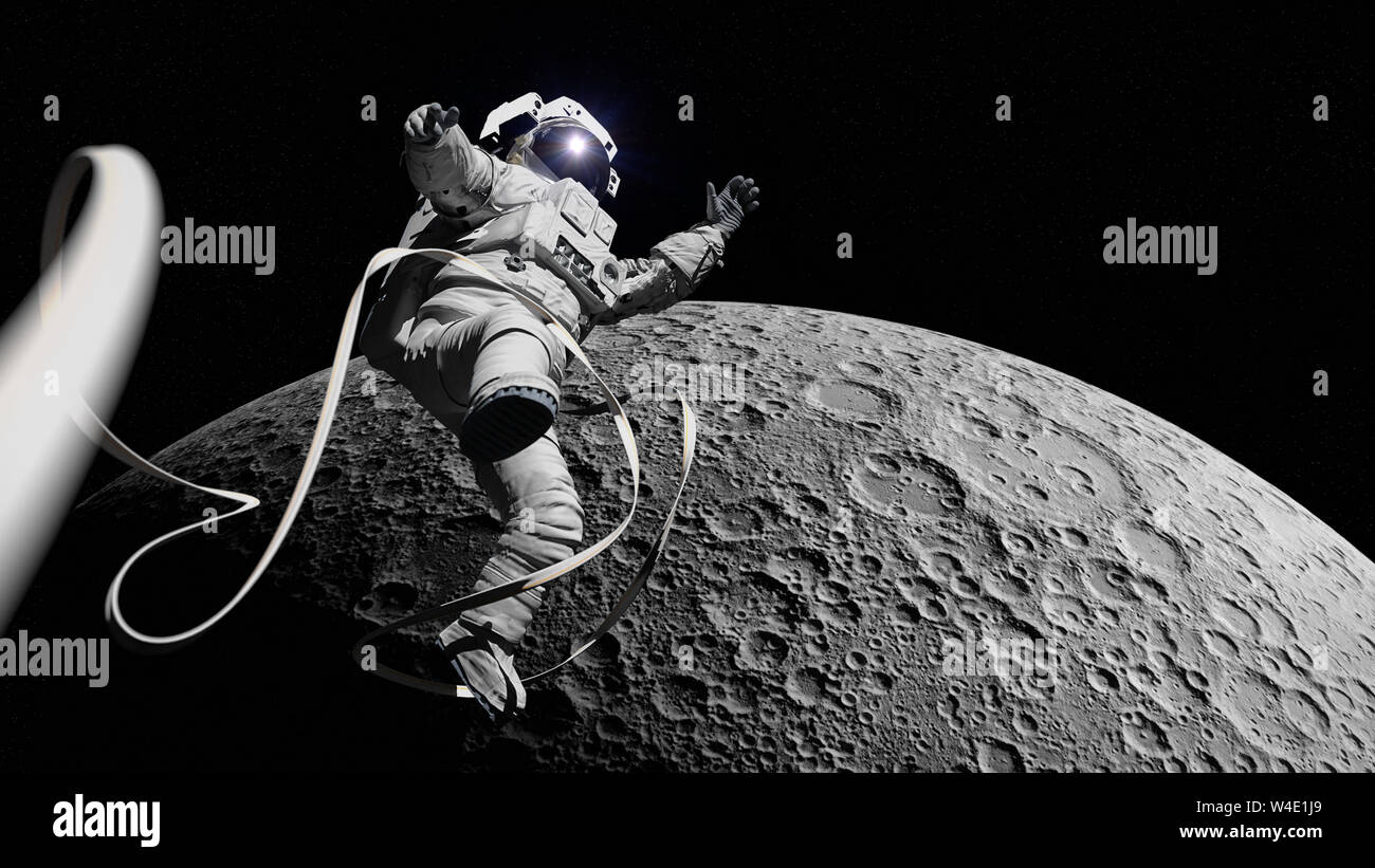 Astronauta eseguendo una passeggiata spaziale in orbita lunare Foto Stock