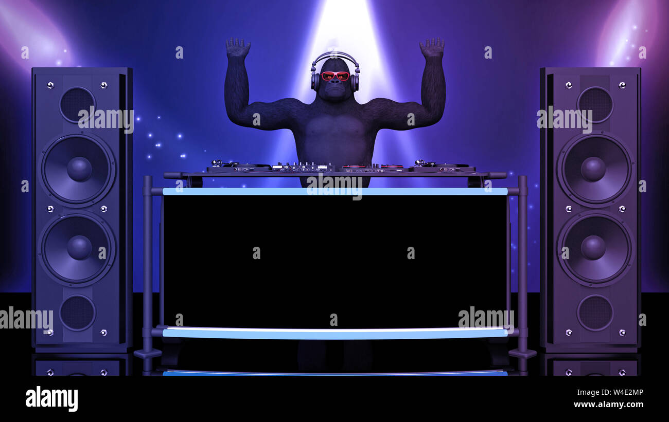 DJ gorilla disc jockey scimmia con le mani fino a giocare la musica sul giradischi, ape sul palco con deejay Equipaggiamento audio, vista frontale, rendering 3D Foto Stock