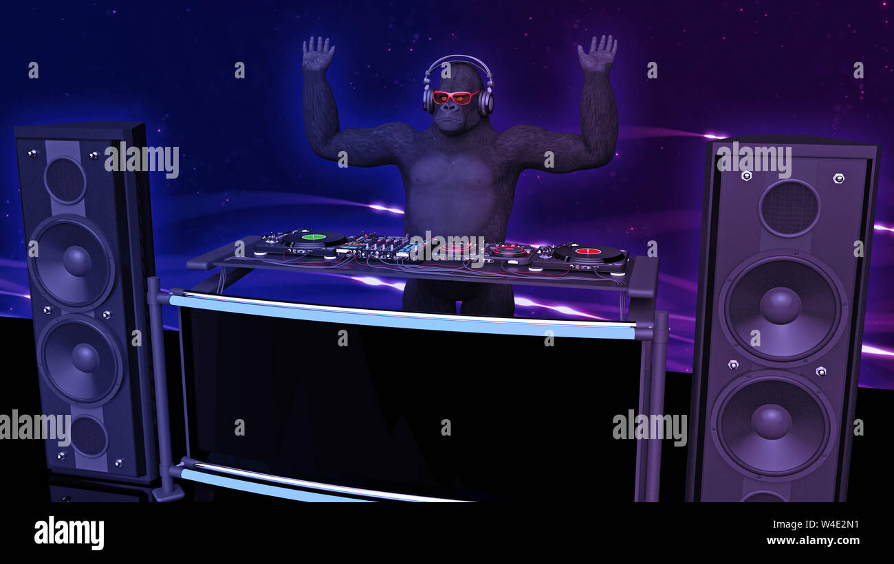DJ gorilla disc jockey scimmia con le mani fino a giocare la musica sul giradischi, ape sul palco con deejay Equipaggiamento audio, vista laterale, rendering 3D Foto Stock