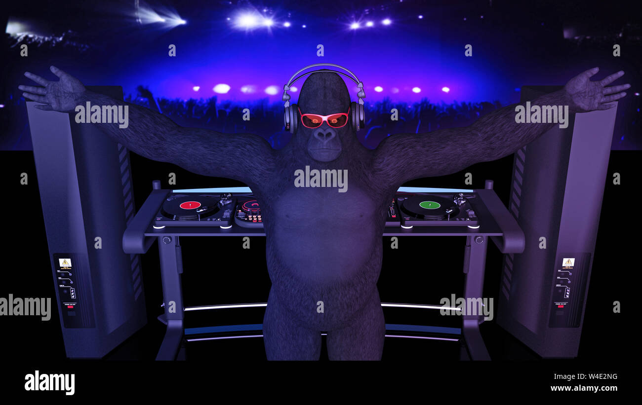 DJ gorilla disc jockey monkey riproduzione di musica sul giradischi, ape sul palco con deejay Equipaggiamento audio, vista posteriore, rendering 3D Foto Stock