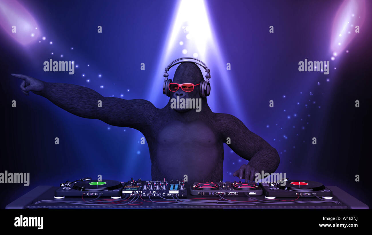 DJ gorilla disc jockey monkey puntamento e la riproduzione di musica sul giradischi, ape sul palco con deejay Equipaggiamento audio, rendering 3D Foto Stock