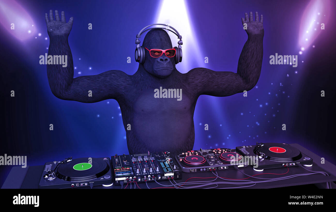DJ gorilla disc jockey scimmia con le mani fino a giocare la musica sul giradischi, ape sul palco con deejay Equipaggiamento audio, rendering 3D Foto Stock