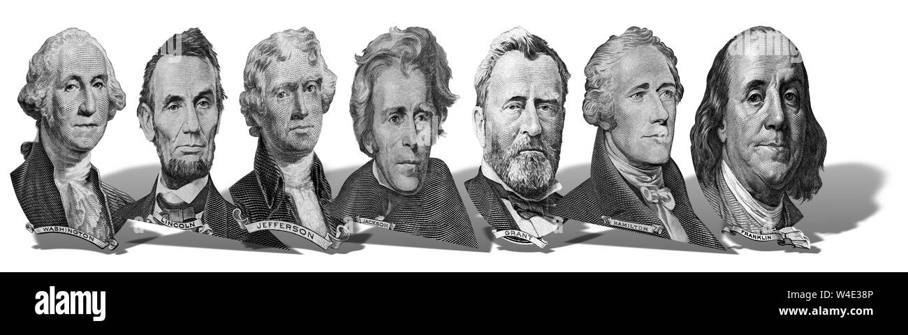 Ritratti di America presidenti e politici di dollari isolati su sfondo bianco. Foto a un angolo di quarantacinque gradi, con un'ombra. Foto Stock