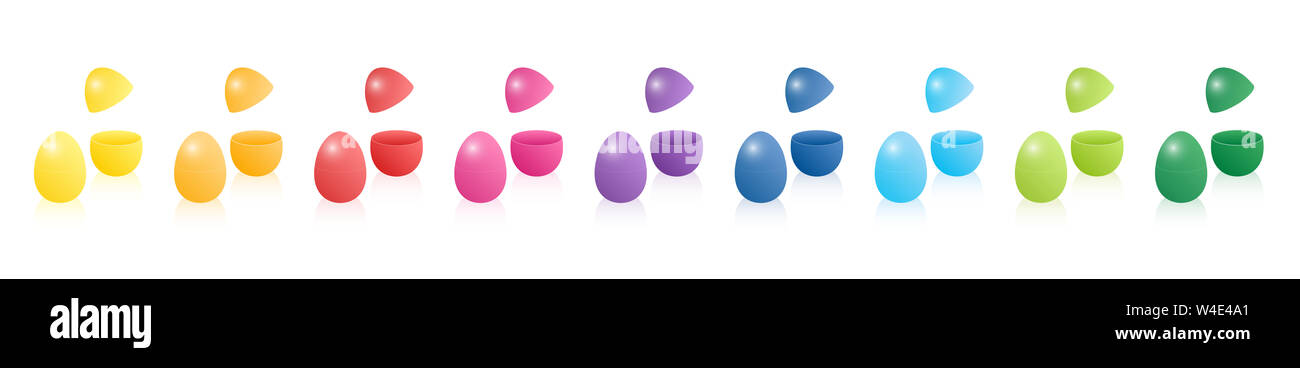 Uovo di Pasqua confezioni regalo. Due parti con aperto e chiuso il coperchio superiore per essere riempito, nove diversi colori. Tridimensionale di illustrazione su sfondo bianco. Foto Stock